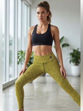 NWT Virtual Sensuality Fit Leggings M Neon Yellow Print